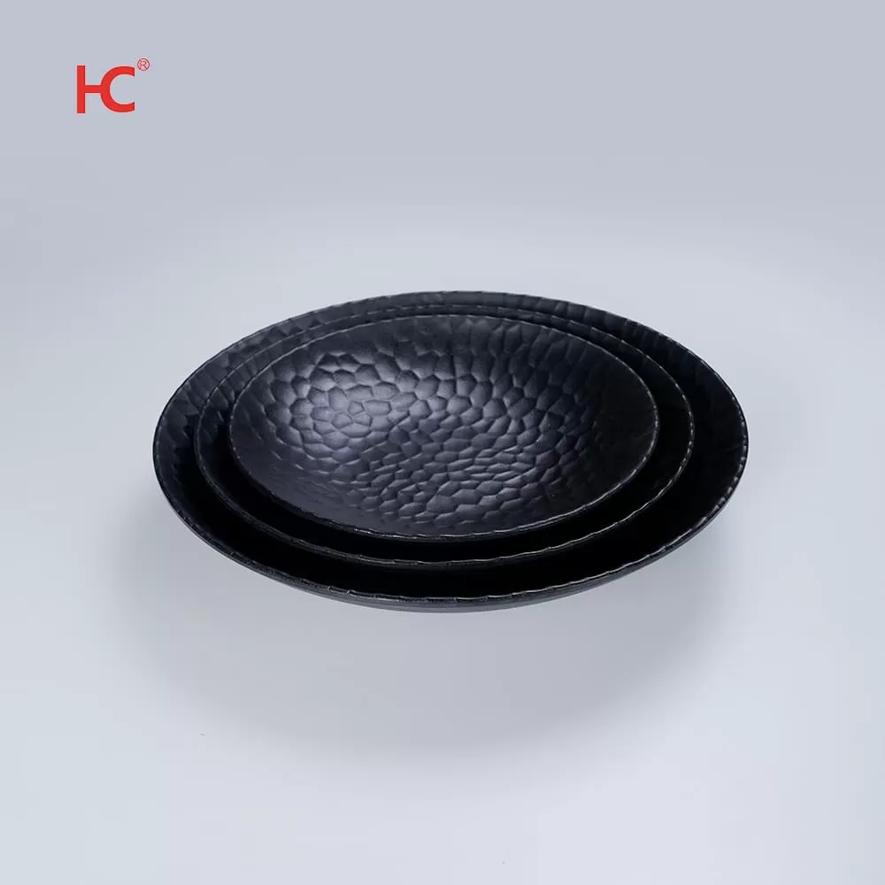 Custom Factory Hammered round Pattern Melamine Plates Unbreakable Plain Plastic Tableware with Matt Surface Home Restaurant Use