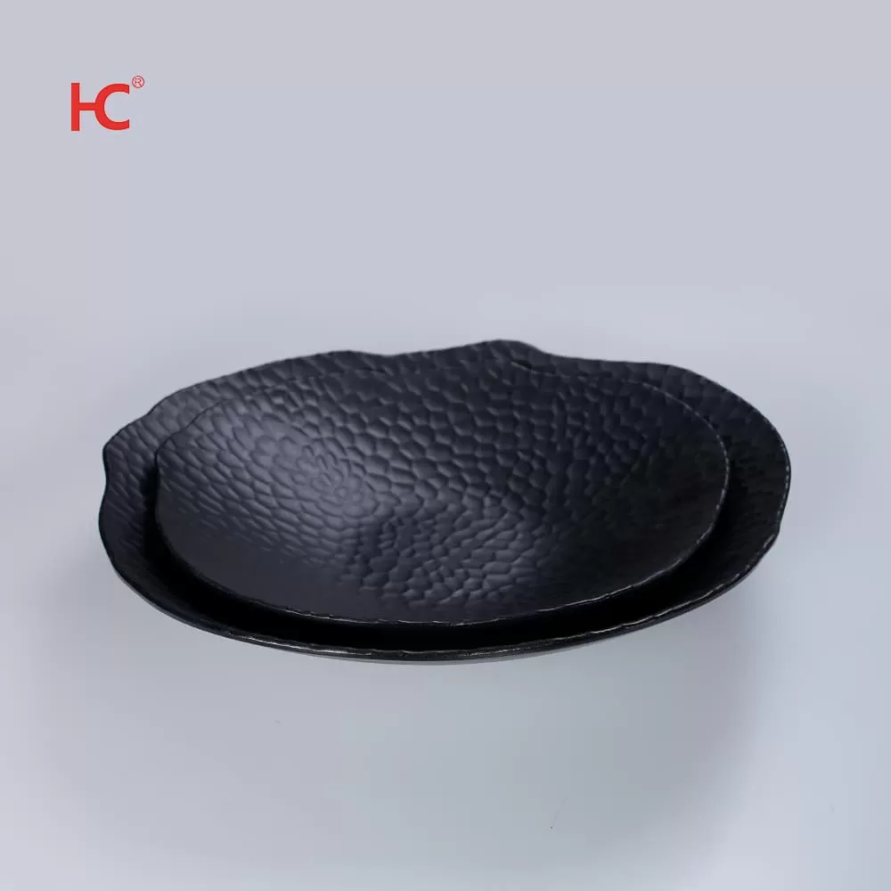 Hammered Pattern Black Melamine Plates Unbreakable Plain Plastic Tableware with Matt Surface Home Restaurant Use