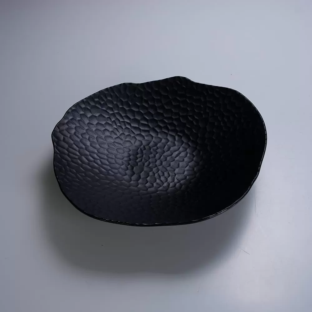 Hammered Pattern Black Melamine Plates Unbreakable Plain Plastic Tableware with Matt Surface Home Restaurant Use